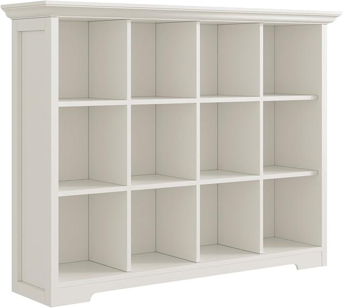 OSCHF 12-Cube Open Bookcase with Base, 3-Tier Wooden Bookshelf, White | Curved Base, Crown Molding, Fits 11×11" Bins, Modern Storage Cabinet for Living Room, Bedroom, Home Office