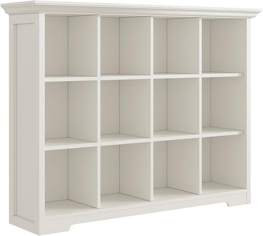 OSCHF 12-Cube Open Bookcase with Base, 3-Tier Wooden Bookshelf, White | Curved Base, Crown Molding, Fits 11×11" Bins, Modern Storage Cabinet for Living Room, Bedroom, Home Office