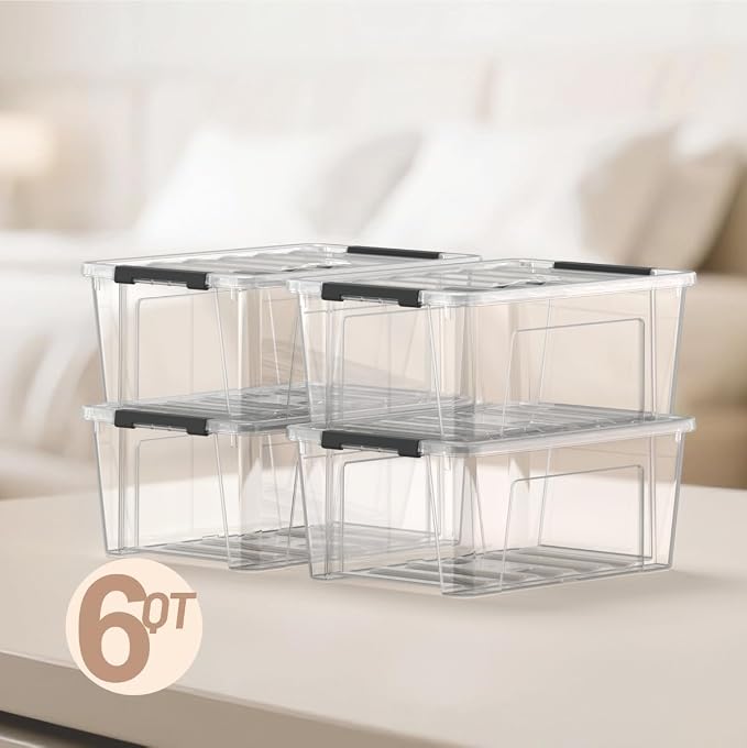 Clear 9-Pack Plastic Storage Bins with Lids, 6 Quart Stackable Containers Organization with Latch Buckle