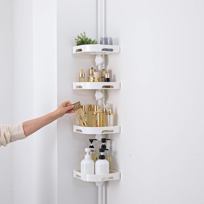 akinbas Tension Pole Shower Caddy Organizer with 4 Tier L-Shaped Rust Resistant Bathroom Corner Shelves with 34-124 Inch Adjustable No Drilling Quick Install Shower Rack for Bath Essentials (White)