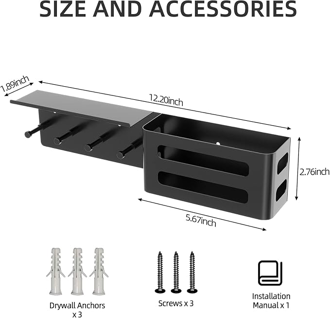 MKO Key Holder Wall Mount, Adhesive Key Hanger with 4 Hooks for Wall, Black | Metal Material, Key Rack with Shelf, Wall Mount, Mail Organizer Tray, Suitable for Entryway, Hallway, Living Room