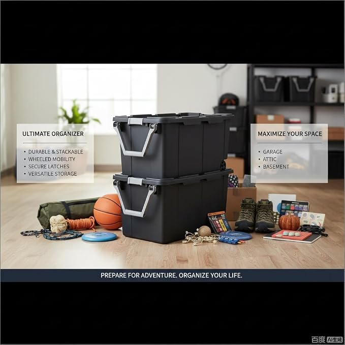 40 Gallon Heavy-Duty Rolling Storage Bins 2-Pack, Dark Gray Industrial Plastic with Pivot Handle, Leakproof Lid & Latches, for Garage Warehouse Equipment Transport & Storage