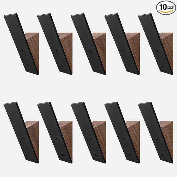 Walnut Wood Coat Hooks, High End Walnut Wood & Black Metal Wall Mounted Coat Hook, Mid-Century Modern Clothes Hooks, Heavy Duty Wooden Hook for Hanging Coats, Hats, Towels & More, Set of 10