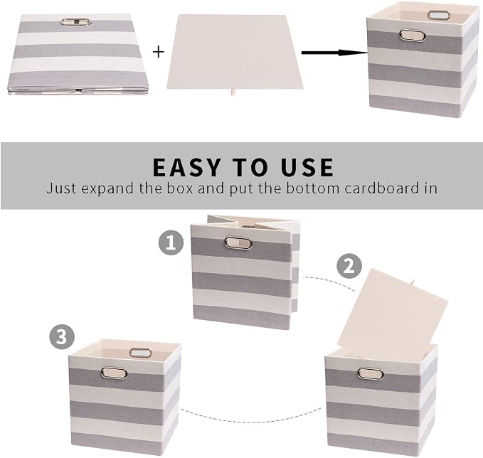 Posprica Storage Cubes,13×13 Collapsible Storage Baskets Bins Fabric Drawers - 2pcs, Grey-white Striped