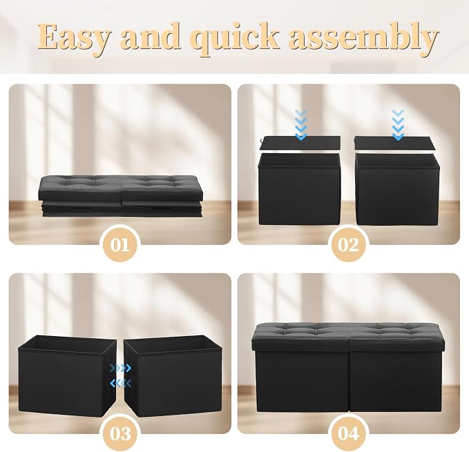 Bsketa Storage Ottoman Bench, 34" Folding Leather Foot Rest Stool, Black | Large Ottoman with Storage, Thicker Foam Padded Seat, Livingroom, Dorm, Bedroom, Easy to install, 86L,34 x 13 x 13in