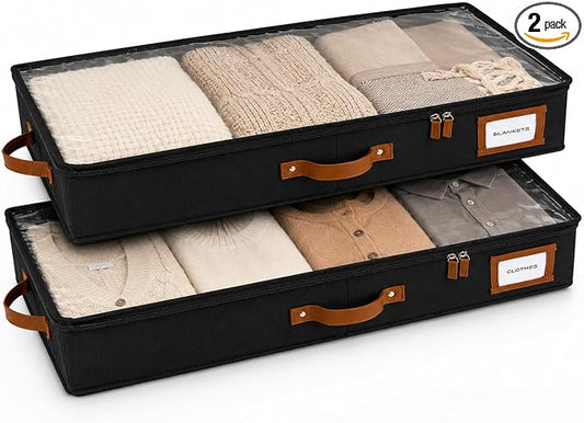 2pc Low Profile Under Bed Storage Containers, Thin Under Couch Storage Organizer with Bins & Lids, Underbed Storage Box Ideal for Seasonal Clothes, Blankets, Fabric & Shoes (Black)