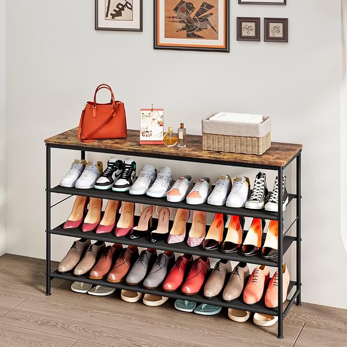 INGIORDAR 4 Tier Long Shoe Rack Storage Organizer Shelf for Closet Entryway | Spacious design,Large-Capacity stores 24 Pairs of Shoes for Closet,Entryway,Bedroom,Living Room,Garage,Black+Rustic Brown