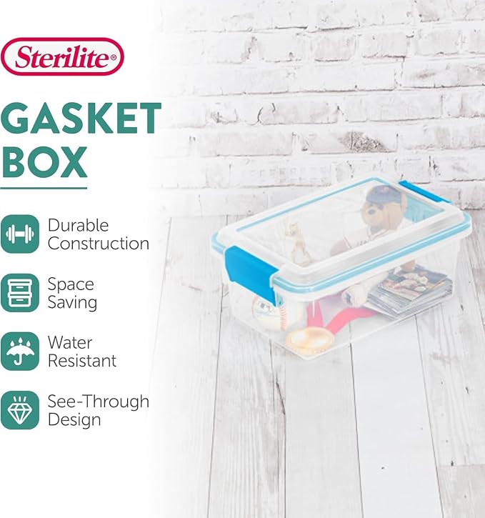 Sterilite Gasket Storage Box w/Lids for Home & Office, 7.5 Quart, 12-Pack | Heavy-Duty, Stackable, and Organizing Containers for Bathroom, Cabinet, Closet, and Garage, Clear and Blue Aquarium Latches