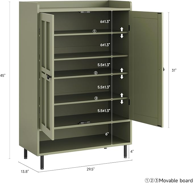 ONBRILL Shoe Cabinet with Cross Molding Doors, 6-Tier Shoe Storage Cabinet with 3 Adjustable Shelves and Metal Legs, 45'' Tall Shoes Rack Organizer Cabinet for Entryway, Front Door, Green