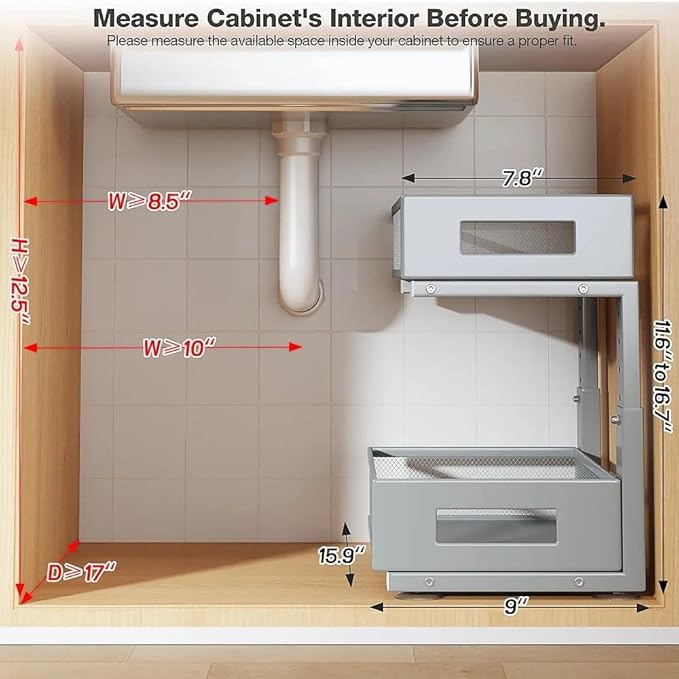 Under Sink Organizer,2-Tier Dual Pull Out Cabinet Organizer Drawers With Smooth Circular Rail,Large Capacity Metal Mesh Sliding Shelves For Bathroom& Kitchen Storage,Height Adjustable–Gun Gray,2 Packs