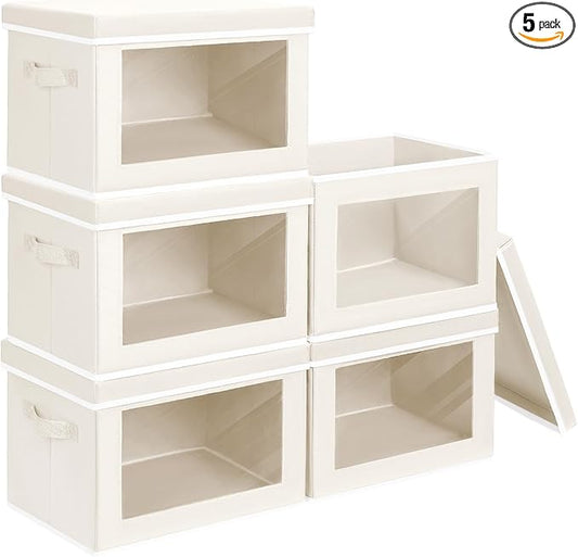 Homsorout Storage Bins with Lids - Medium Storage Box with Lids, Foldable Closet Boxes for Organizing, Stackable Clothes Organizer with Window, Cubes Bins for Living Room, 5 Pack, Beige