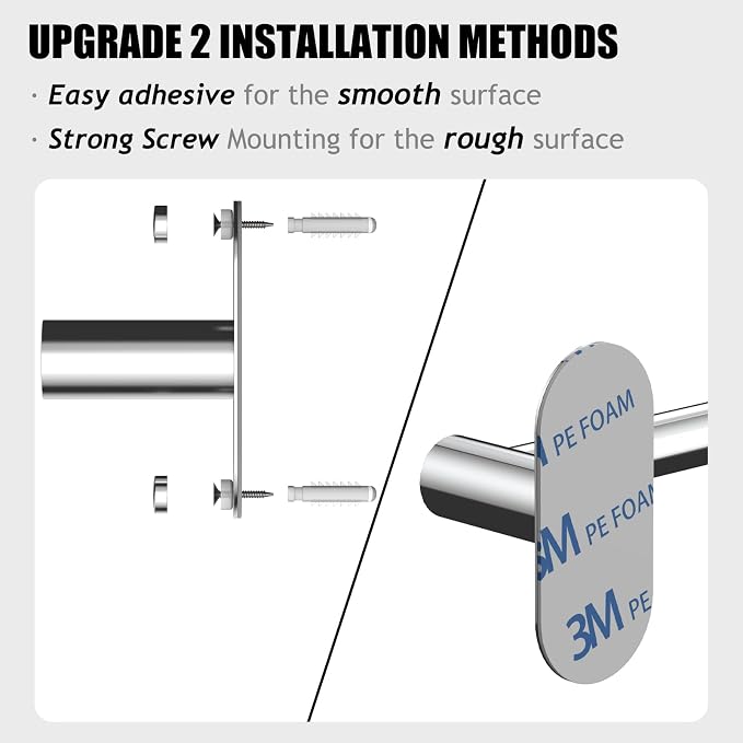 Towel Bar, Adjustable 14.4inch - 25.2inch Towel Rack, Self Adhesive & Wall Mounted for Bathroom Kitchen Hand Towel Holder Cloths Hanger 304 Stainless Steel Organizer Single Bar (2, Chrome)