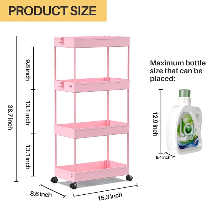 SPACEKEEPER 4 Tier Rolling Cart, Bathroom Cart Organizer with Wheels, Pink | Mobile Storage Cart for Laundry Room Organization,Kitchen,Office,Bathroom, Utility Cart for Snack,Craft,Art,Makeup,Nail,Toys
