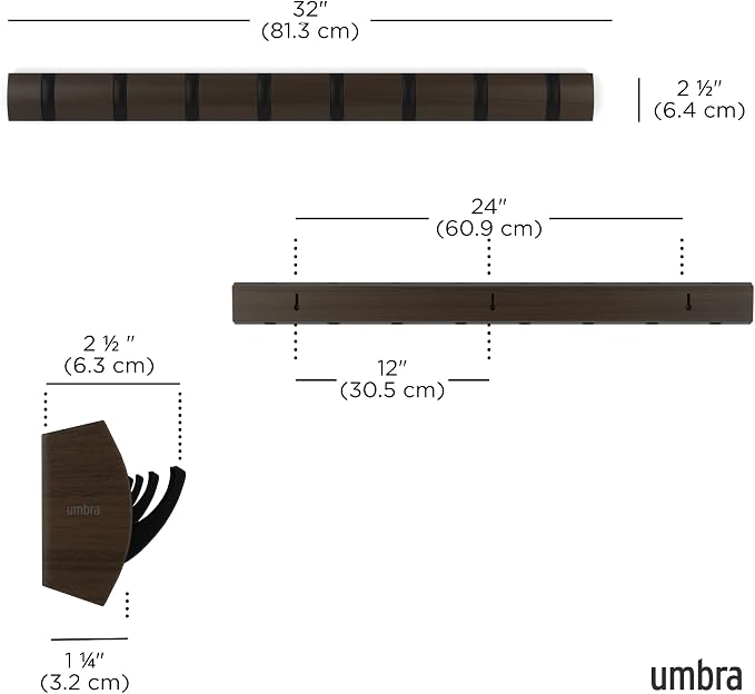 Umbra Flip Coat Rack, Wall Mount 8-Hook, Space Saving, Walnut/Black | Real wood and steel build, retractable hooks fold flat, holds coats bags and scarves, easy install