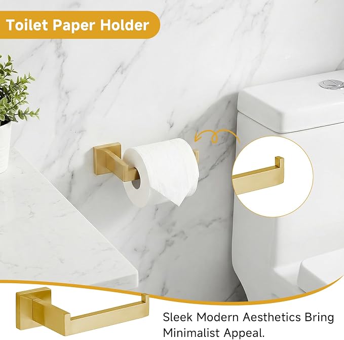 5-Piece Brushed Gold Bathroom Accessory Set, 16 Inch Bathroom Hardware Set, Towel Racks for Bathroom, SUS304 Stainless Steel Wall Mounted Bath Towel Bar Set