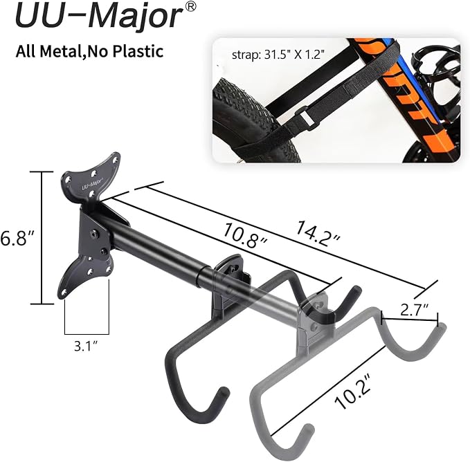 UU-Major Bike Wall Mount,Heavy Duty Bike Hanger, Mounted Bike Hook for Garage Wall,Horizontal Bike Rack for MTB,Road And Hybrid Bikes Storage,Thicker Metal With Rubber Coating.(Adjustable*2 Pack)