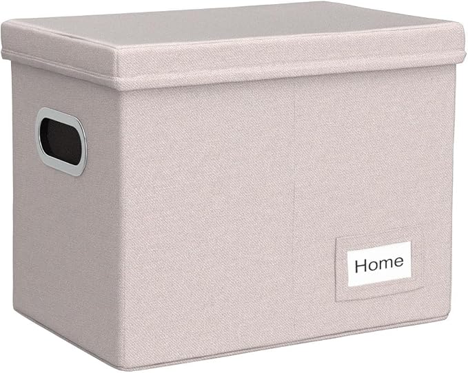 File Organizer Box - Set of 1 Collapsible Decorative Linen Filing Storage Hanging File Folders with Lids Office Cabinet Letter Size Light Grey (14x9.3x10.8 inch)