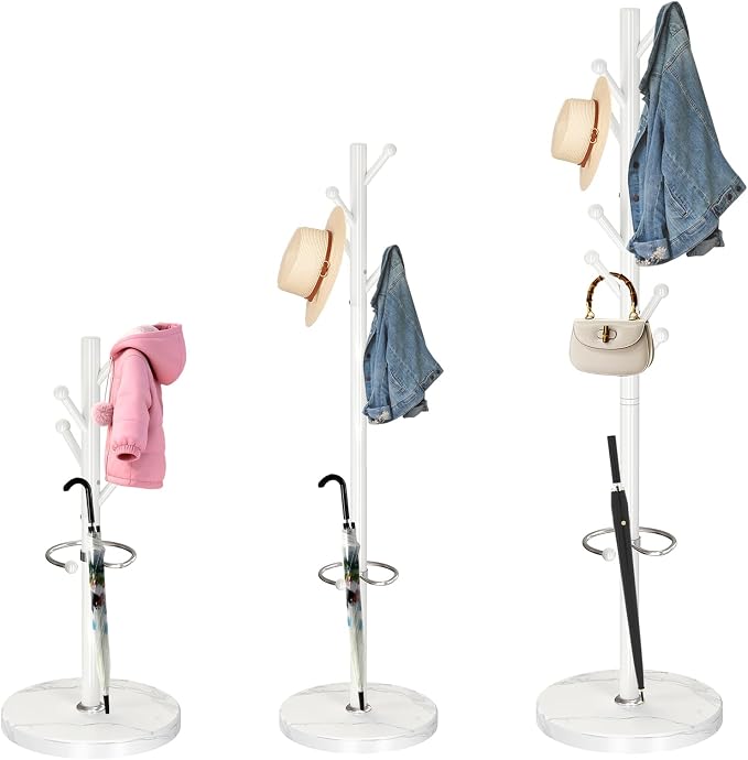 ZOZOE Coat Rack Stand, White Coat Rack Freestanding with Umbrella Holder | Coat Rack with Natural Marble Base,Modern Coat Stand with 8 Hooks,Clothes Tree Stand for Bags Hats in Hallway Entryway Corner