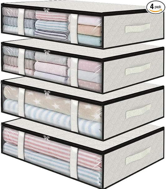 StorageRight Under Bed Storage Bags, 4 Pack, 40L, White | Breathable Non-Woven Fabric with a Clear Window and Zippered Top for Clothes, Comforters, Blankets and Seasonal Storage