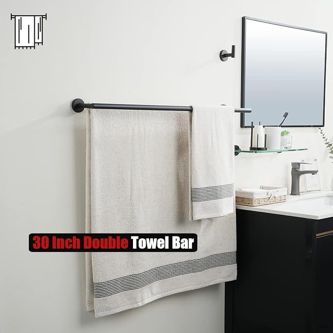 JQK Double Bath Towel Bar, Matte Black 33 Inch 304 Stainless Steel Thicken 0.8mm Towel Rack for Bathroom, Towel Holder Wall Mount, Useable Length 30 Inch 2 Pack, TB100L30-PB-P2