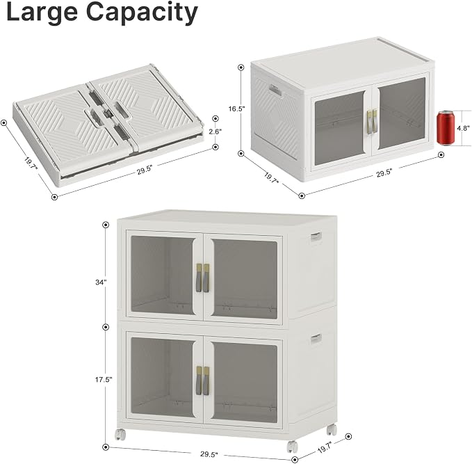 Stackable Storage Bins with Lids, 360QT Extra Large Storage Cabinet | Clear Doors, Foldable Storage Drawers, Heavy Duty, Collapsible Closet Organizers for Bedroom Office (2, White,180, Quarts)