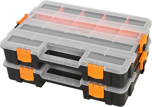 Jack Boss Tool Box with Transparent Lid, Single Side 17-Compartments Organizer Box with Removable Dividers for Hardware, Screws, Bolts, Nails, Beads, Jewelry and Fishing Accessories, Orange, 2 Pack