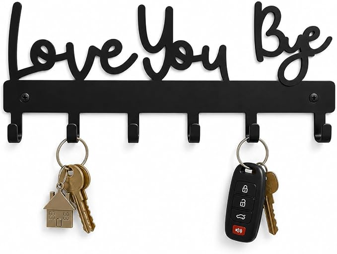 Love You Bye Sign Key Holder Hook Wall Mounted Key Holder Rack Organizer Hanger with 6 Hooks for Wall Express Love Art Decor for Entryway Front Door Kitchen Hallway Office (Love You Bye)