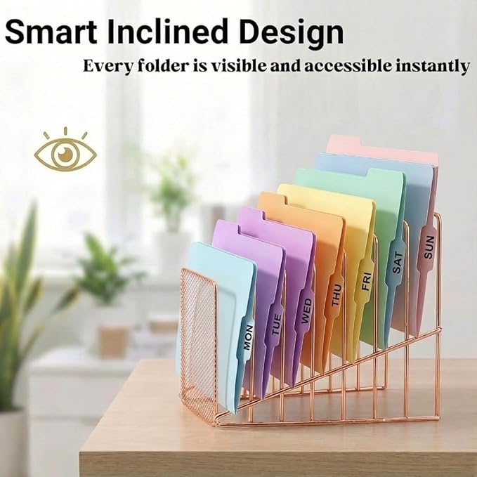Rose Gold Desk Organizer 7 Slot Inclined Vertical File Folder Holder Sorter with Mesh Front – Metal Wire Rack for Mail, Slim Binders, Books Office Organization & Desktop Accessories