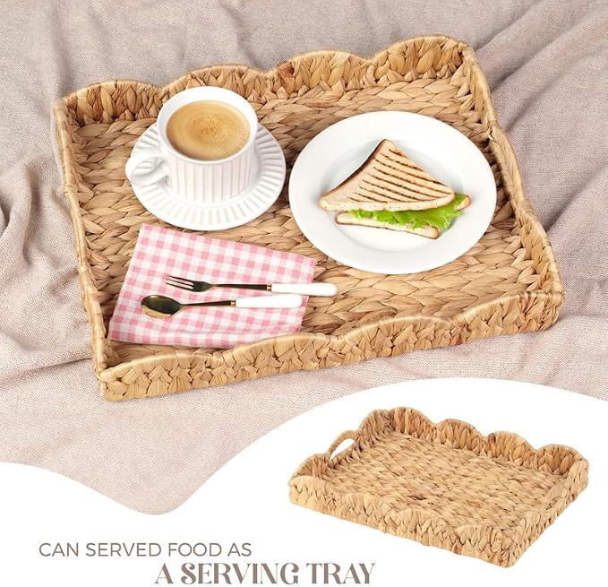 Scalloped Water Hyacinth Tray, Hand-Woven Wicker Storage Baskets with Scalloped Edge and Handles (17x13x3in) Rectangular Handwoven Trays, Water Hyacinth Basket for with Built-in Handles