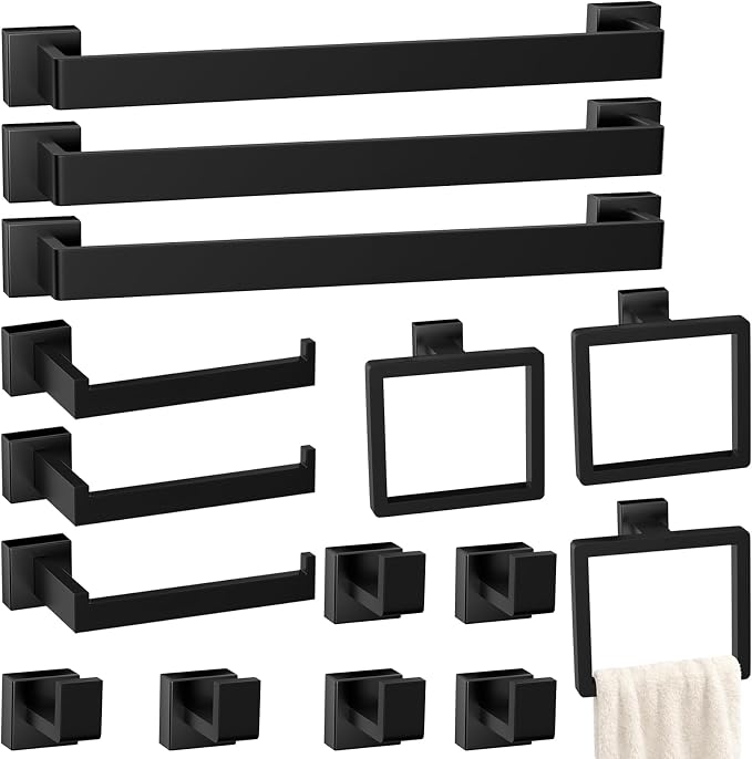 15-Pieces Matte Black Bathroom Accessories Set, 24 Inch Bath Towel Bar Set | Stainless Steel, Towel Ring, Toilet Paper Holder, Robe Hooks, Towel Racks for Bathroom Wall Mounted, Bathroom Hardware Set