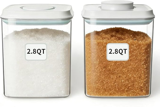 Food Storage Container Set 2.8 Qt ×2 with Lids, Airtight Pantry Canisters, BPA-Free Plastic Flour Sugar Storage Containers, One-Touch Press-to-Open Lids, Stackable Clear Jars for Rice, Cereal, Coffee