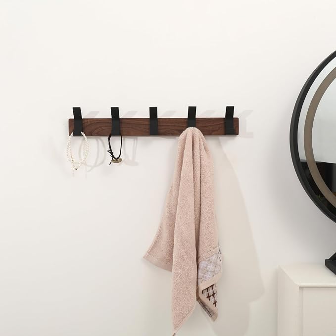 Coat Rack Wall Mount - 16.9 Inches Coat Rack Wall Mount with 5 Hooks Walnut Wood Coat Hooks Wall Mounted Rustproof Coat Hanger Black Aluminum Wall Hooks for Hanging Coat Hat Backpack Key