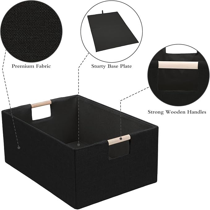 Foldable Fabric Storage Baskets Set of 2 for Shelves, Linen Decorative Storage Bins with Wooden Handles, Small Organizer Cubes for Closet, Rectangle Canvas Boxes for Organizing, Decor (Black 2 Pack)