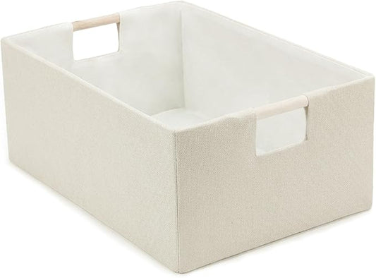 Foldable Fabric Storage Basket for Shelves, Linen Decorative Storage Bin with Wooden Handles, Small Organizer Cube for Closet, Rectangle Canvas Box for Organizing, Decor, 15x10.6x6 Inches (Beige)