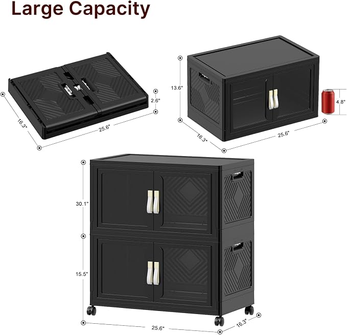 Stackable Storage Bins with Lids, 240QT Extra Large Storage Cabinet | Clear Doors, Foldable Storage Drawers, Heavy Duty, Collapsible Closet Organizers for Bedroom Office (2, Black, 120, Quarts)