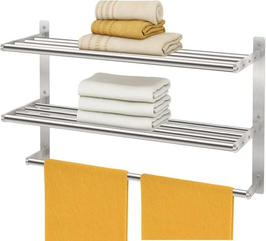 Bethom Bathroom Towel Rack with Bars, 24 Inch Towel Shelf, Brushed Nickel | 3-Tier Hotel Towel Racks for Bathroom Wall Mounted, Bath Towels Storage, Stainless Steel