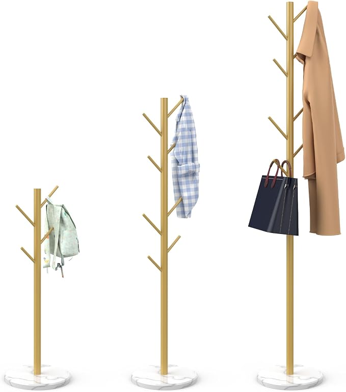 Durmmur Heavy Duty Coat Rack with Natural Marble Base, 8 Metal Hooks, Gold | Freestanding Coat Rack, Adjustable to 39, 54 or 70 in, Metal Coat Tree for Coats, Bags & Hats in Entryway, Bedroom & Office