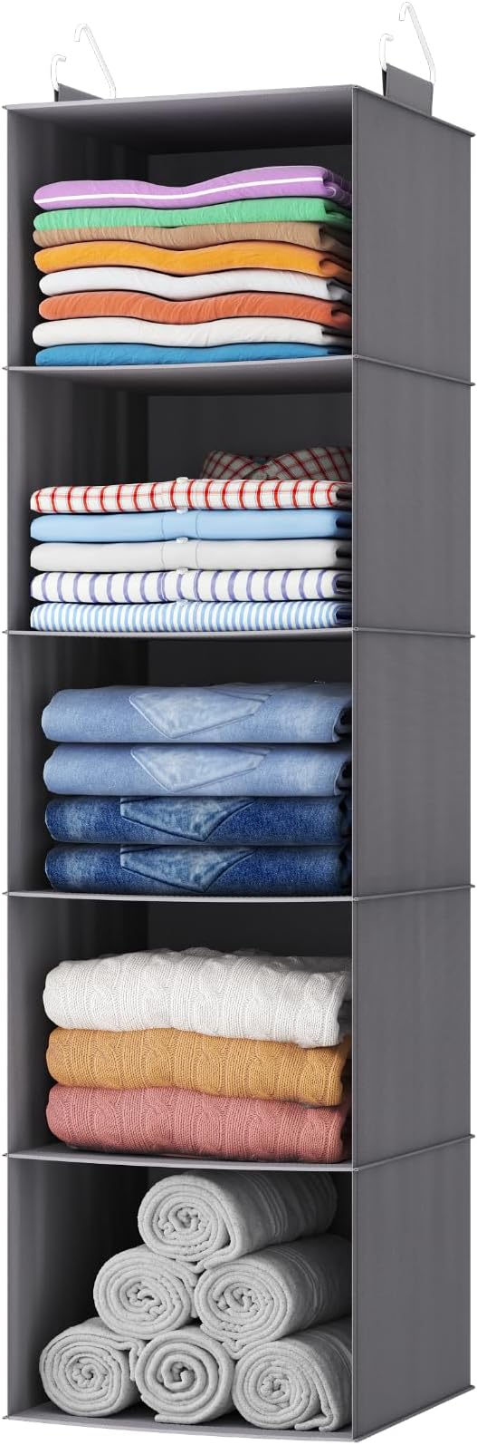 Lifewit 5 Tier Hanging Portable Closet Storage Organizer for Shelves, Gray | Foldable Clothes Shelf with 2 Sturdy Hooks, Sweater/Coat/Shoes Clothing Organization for Wardrobe, Dorm, Bedroom