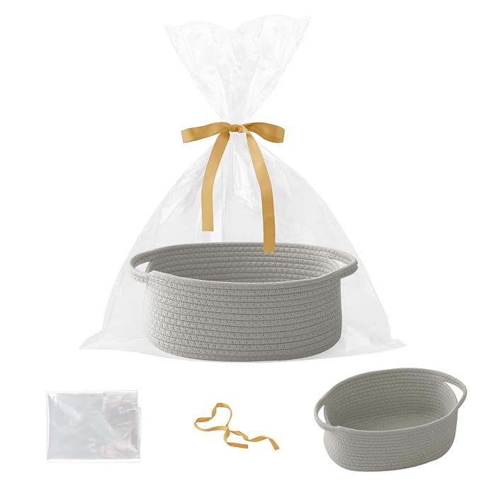 Woven Rope Basket - Baby Gift Basket with Bag & Ribbon, Grey | Cotton rope with handle, 12 x 8 x 5 in, gift bag and ribbon, for baby shower, birthday, toy storage, nursery, shelf decor