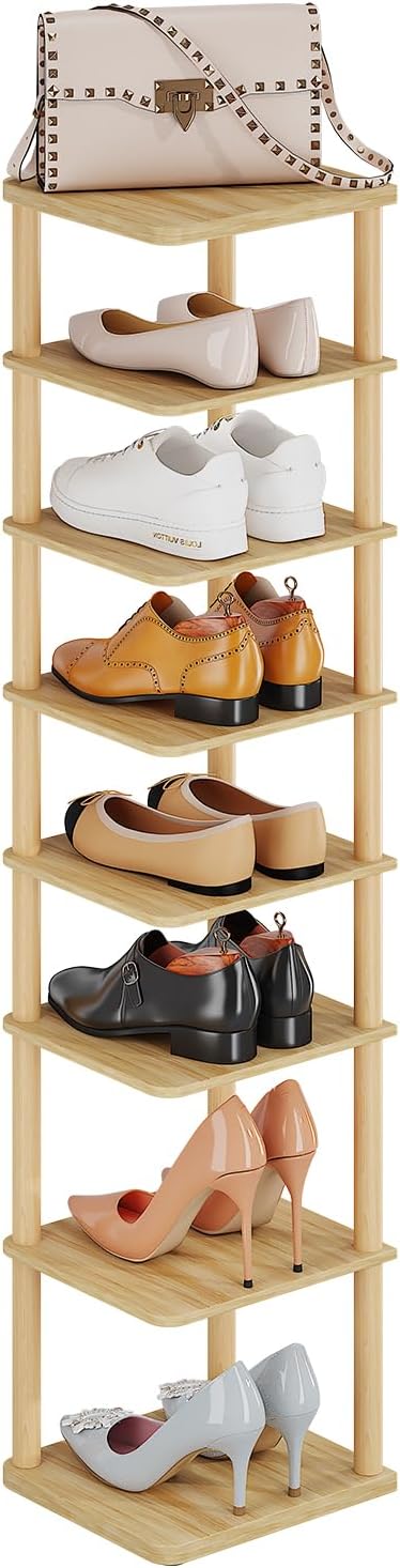 8 Tiers Vertical Shoe Rack Tall Narrow Shoe Tower Corner Shoe Rack, Natural | Small Shoe Organizer for Entryway, Closet, Dorm & Small Spaces, Freestanding Wooden Shoe Shelf for Boots, Sneakers, Heels.