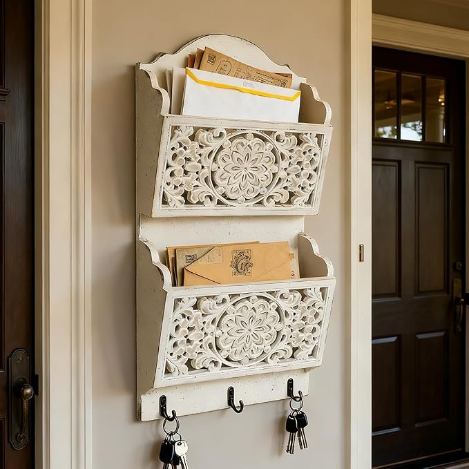 Rustic Key and Mail Holder for Wall Home Decorative,2-Slot Mail Organizer Wall Mount with 3 Hooks, Wooden Key Hangers Wall File Organizer Letter Sorter for Letter Magazines（White）