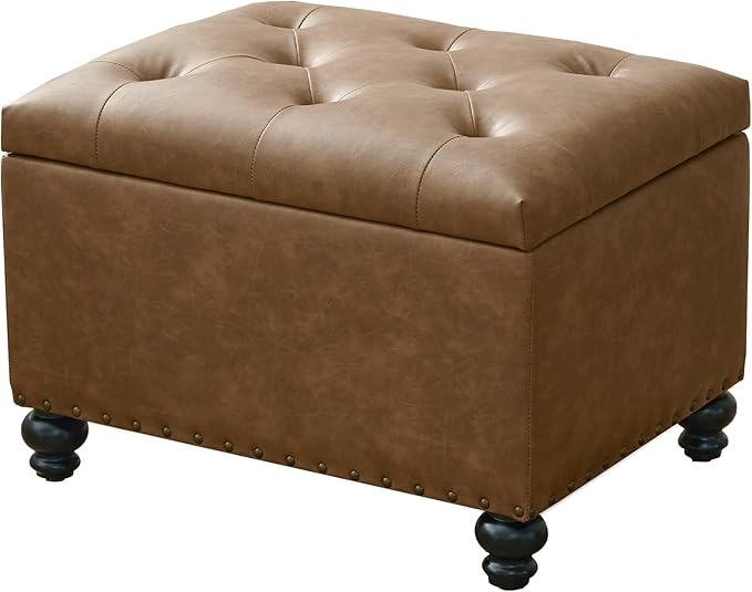 Zihanhome Leather Ottoman with Storage, Upholstered Button Tufted Ottoman Foot Rest, Foot Stools, 24" Rectangle Ottomans with Storage for Living Room, Bedroom, Dorms and Apartments (Caramel Brown-PU)