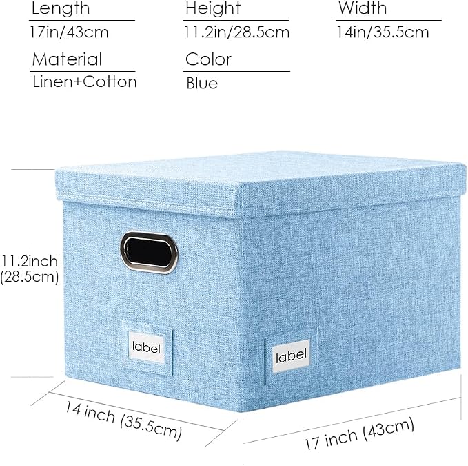 File Organizer Box - Set of 2 Collapsible Decorative Linen Filing Storage with Lids Office Cabinet Letter/Legal Size Blue (17x14x11.2 inch)