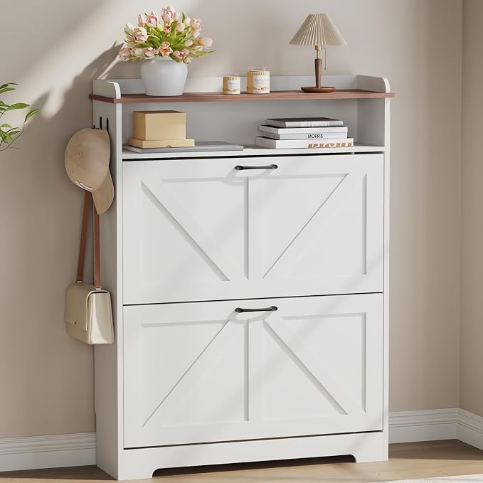Farmhouse Shoe Cabinet Organizer with 2 Flip Drawers, 31.5" W White | Freestanding shoe cabinet with flip drawers ,space-saving storage for foyer hallway,Adjustable Shelves & 2 Hooks