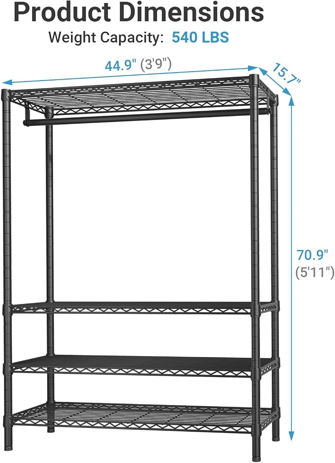 VIPEK V1 Plus 4-Tier Clothes Rack with Shelves, Adjustable, Black | 4 Adjustable Shelves & a Hanging Rod, Carbon Steel Holds up to 540 lb, Compact Design for Samll Space, Apartments, Entryways