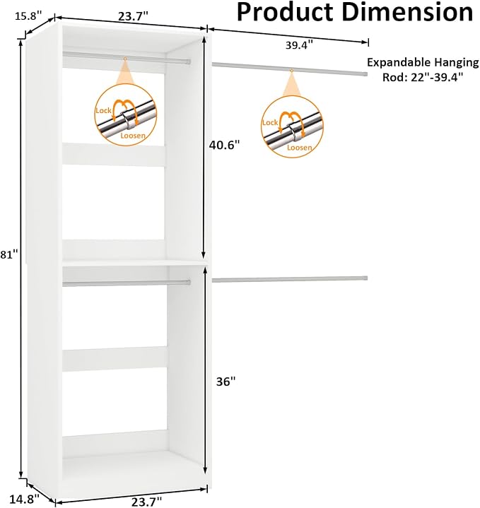Modular Closet Systems with Expandable Hanging Rod, DIY Custom Closet Organizer System for Walk In Closets, Walkin Closet System and Closet Built In Tower Unit