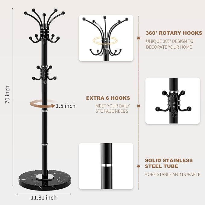Coat Rack Stand 360°Rotary Coat Rack Freestanding with 16 Hooks | Modern Metal Coat Rack with Natural Marble Base,Coat Hanger Stand, Black Coat Hall Clothes Tree for Hallway,Entryway,Office