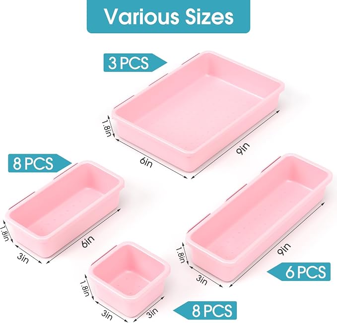 25 PCS Drawer Organizer Set, 4 Size Makeup Drawer Divider Organizer With Non-Slip Pads, Interlocking Plastic Storage Bins for Office,Jewelry Vanity,Gadgets, Bathroom,Kitchen, Pink