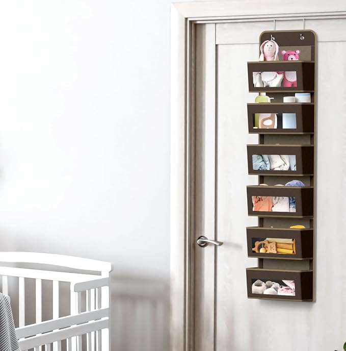 Simple Houseware 6 Clear Window Pocket Over Door Hanging Organizer, Brown | Over the Door Storage for Closet, Bedroom, Bathroom, Pantry