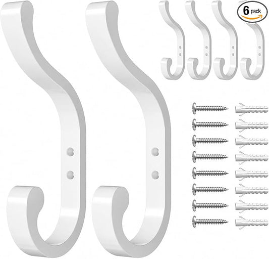 Large Wall Hooks For Hanging Coat: Metal Coat Hooks Wall Mount - Wall Hooks For Hanging Heavy Duty (30Lb) - Screw In Hooks - Mudroom Hooks for clothes, Backpack, Purse, Bathroom Towel (White, 6 Pack)